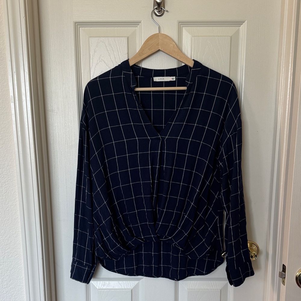 Lush Navy Checkered Blouse